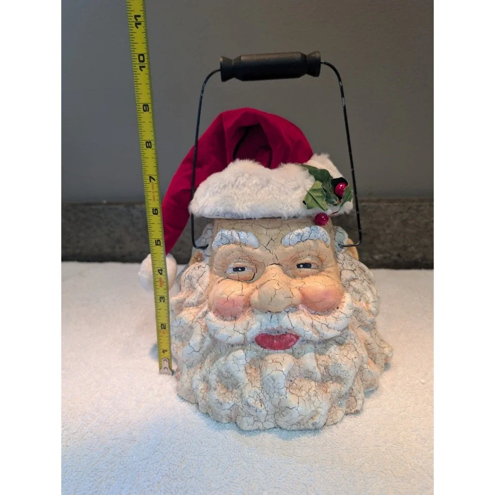 Crackling St. Nick Santa Claus Head Vintage Paper Mache Basket Bucket Handle
